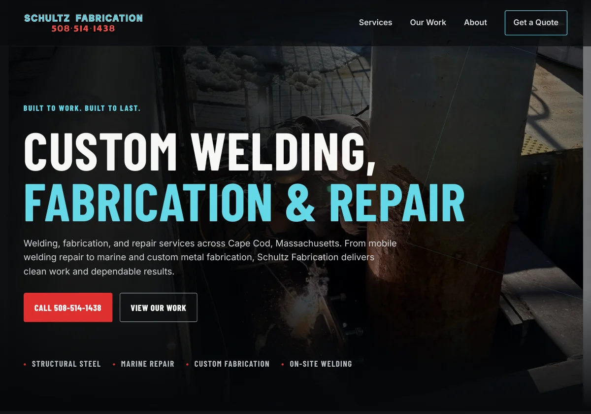 Welding and fabrication website with bold service headings, workshop photography, and a prominent call button